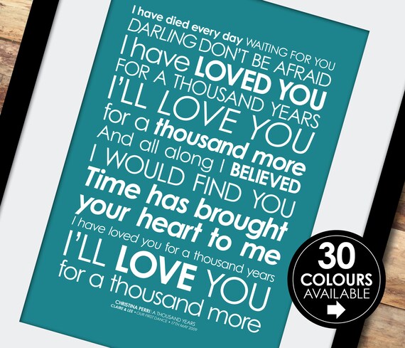 Christina Perri "Thousand Years" Heart Print Music Song Lyric Personalised Gift 