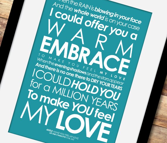 Adele Make You Feel My Love Lyrics Poster Add Personalised Etsy