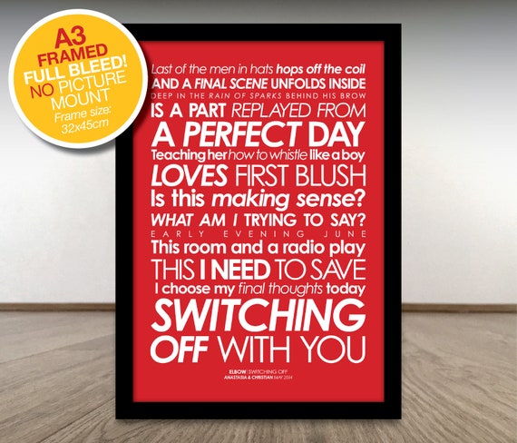 Elbow Fan Switching Off Lyrics Print Option To Add Personalised Message Digital File Print Or Framed Free Delivery
