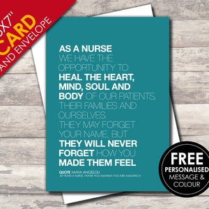 Thank you card | Nurse | Carer | Optional PERSONALISED message | 5x7" 260gsm gloss card & envelope | Retirement, Graduation | Motivational