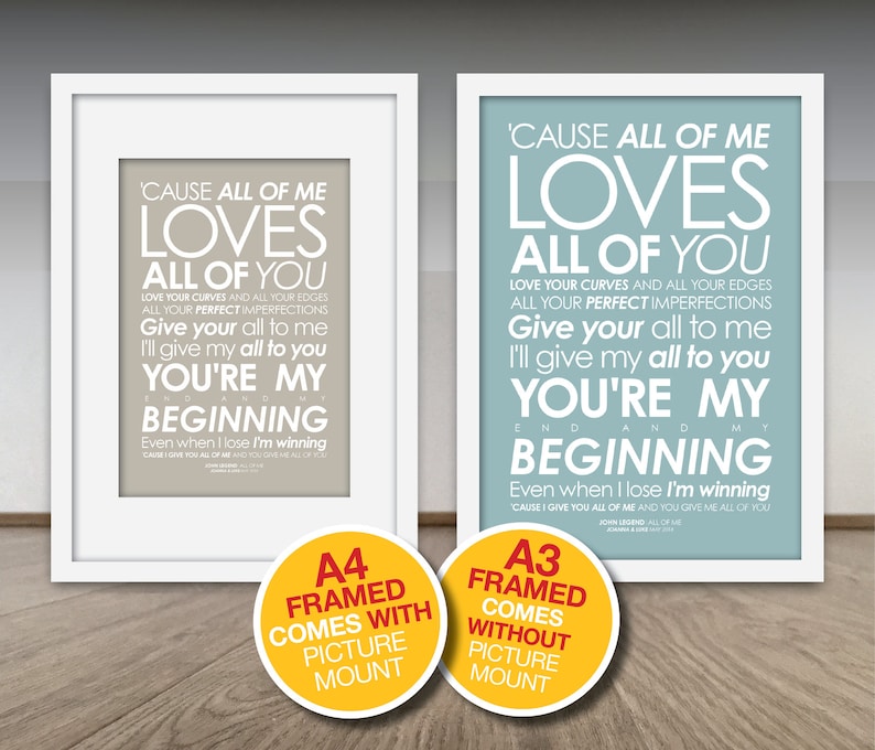 John Legend All Of Me Loves All Of You Song Lyrics Framed A4 Print With Mount