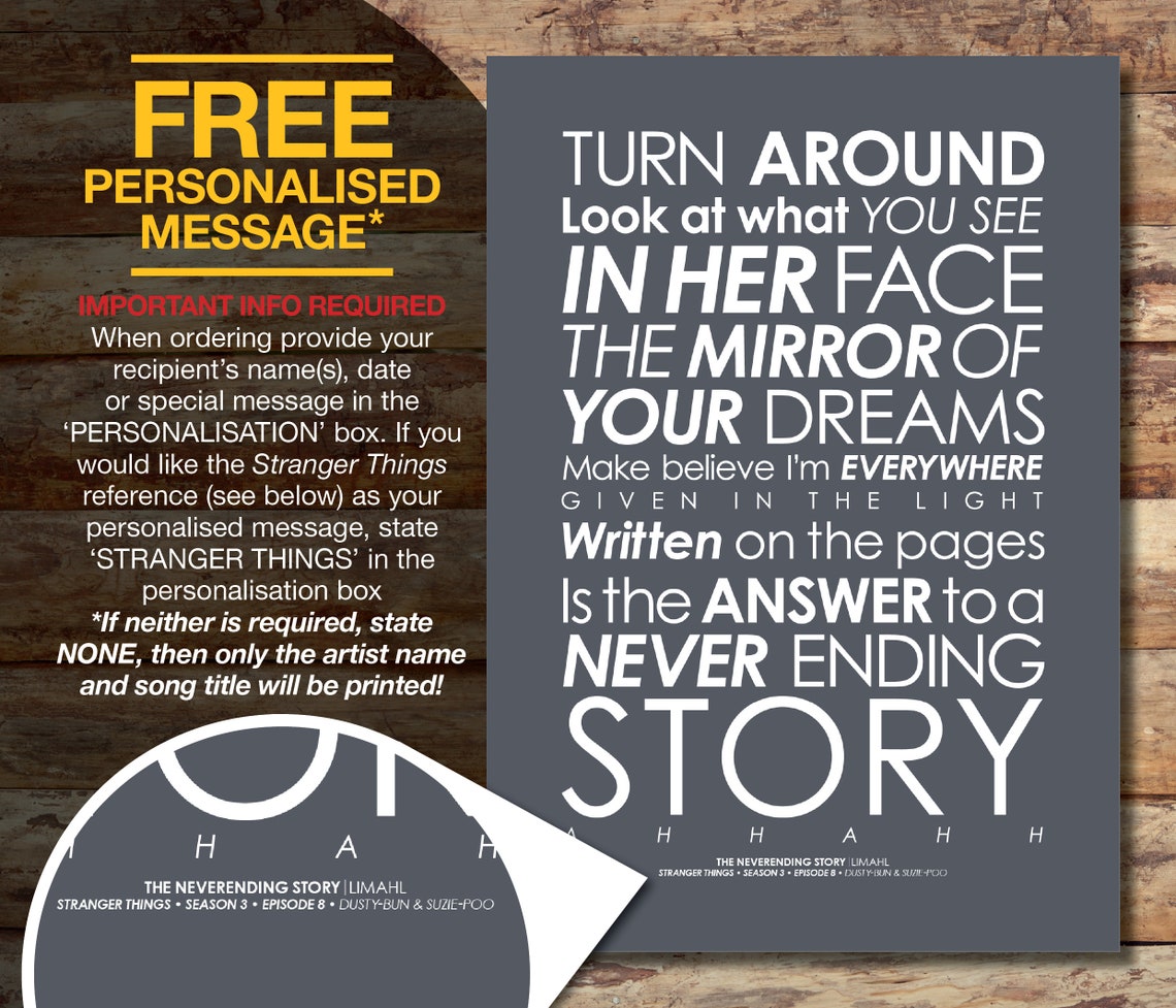 The Never Ending Story song LYRICS print. Add a PERSONALISED Etsy