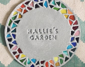 personalized garden stepping stone with mosaic glass rim (large) rainbow