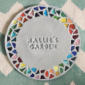 personalized garden stepping stone with mosaic glass rim large rainbow image 1