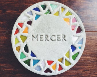 personalized garden stepping stone with mosaic glass rim (small) rainbow