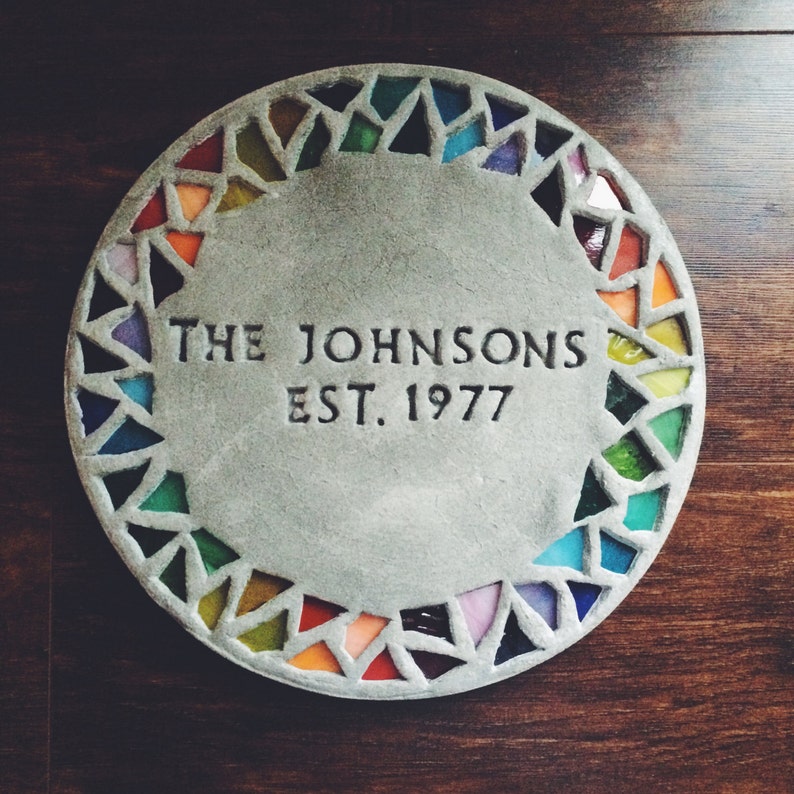 personalized garden stepping stone with mosaic glass rim large rainbow image 6