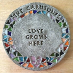 personalized garden stepping stone with mosaic glass rim + heart (large) summer