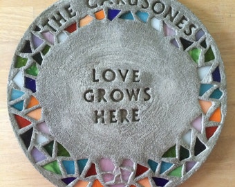 personalized garden stepping stone with mosaic glass rim + heart (large) summer