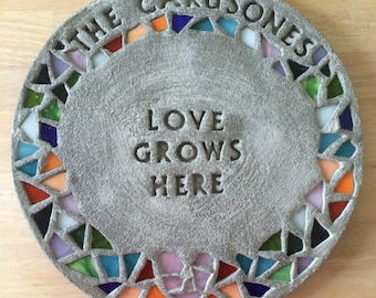 personalized garden stepping stone with mosaic glass rim + heart (large) summer