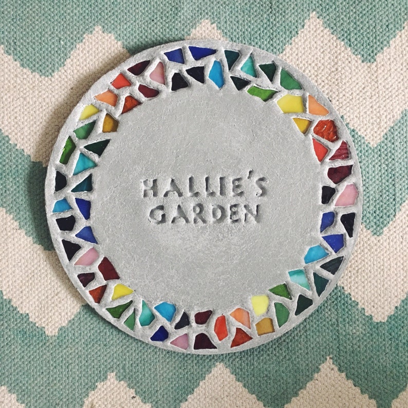 personalized garden stepping stone with mosaic glass rim large rainbow image 1