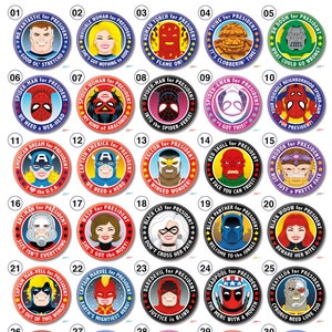 May include: A set of 30 round buttons featuring different Marvel Comics characters. Each button has a red, white, and blue border with a star pattern. The buttons feature characters such as Mr. Fantastic, Invisible Woman, Human Torch, Thing, Dr. Doom, Spider-Man, Spider-Woman, Captain America, Falcon, Red Skull, Modok, Ant-Man, Wasp, Black Cat, Black Panther, Black Widow, Captain Marvel, Daredevil, Deadpool, Deathlok, Devil Dinosaur, Dr. Strange, Dormammu, Elektra, and Galactus.