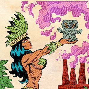 May include: A woman in a green and brown headdress and a green skirt holds a gray, two-headed creature in her hands. The creature is surrounded by pink smoke. In the background, there are red brick buildings with smoke coming from their chimneys. The ground is covered in green grass and blue fish.
