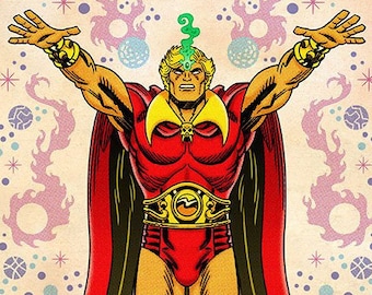 May include: A comic book illustration of a superhero wearing a red and gold costume with a cape. The superhero has a green glowing third eye on his forehead and is standing with his arms outstretched. The background is a light beige with a pattern of pink, blue, and green circles and swirls.