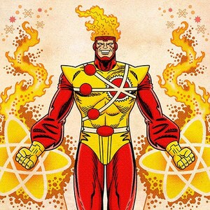 May include: A comic book illustration of a superhero with a fiery head, wearing a red and yellow costume with a large gear on the chest. The superhero is surrounded by yellow atomic symbols and flames.
