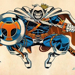 May include: A comic book illustration of a superhero wearing a white hooded costume with a skull face mask. The superhero is holding a sword and shield, and is flying through the air.