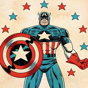 May include: A vintage-style illustration of Captain America, a superhero wearing a red, white, and blue costume, holding his shield. The background features a pattern of red and blue stars.