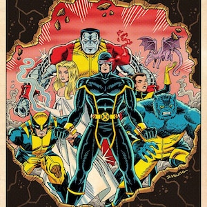 Astonishing X-Men, Signed 11 x 17 Color Print by Darryl Young, Cyclops, Wolverine, Beast, Kitty Pryde, Lockheed, Emma Frost, Colossus