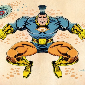 May include: A comic book illustration of a superhero with a blue and orange costume, a mohawk, and a large eye on his chest. He is flying in the air with a flying saucer behind him.