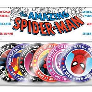 Spider-Man 6 Button President Set,  2.25" inch, Spider-Man Parker, Spider-Gwen, Spider-Woman, Spider-Man Morales, Spider-Ham, Venom Pin