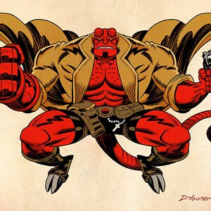 May include: A red and brown illustration of a comic book character with a gun, a tail, and a cross on a chain. The character is wearing a brown jacket and has a red face.