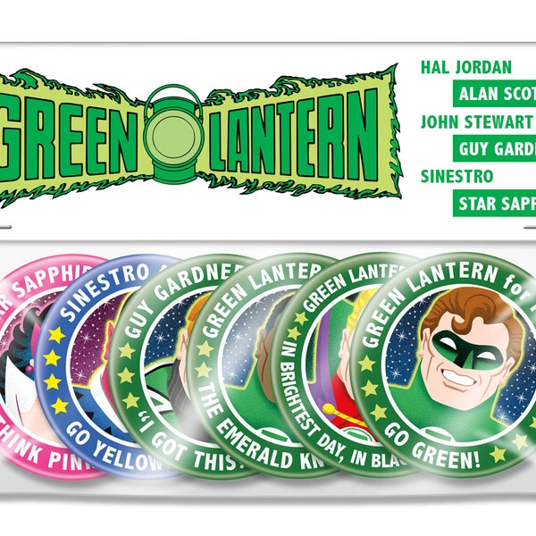 Green Lantern 6 Button President Set, 2.25" inch, Hal Jordan, Alan Scott, John Stewart, Guy Gardner, Sinestro, Star Sapphire Pin, Badge
