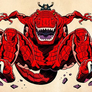 May include: Comic-style illustration of a red dinosaur with sharp teeth and claws, and a small figure riding on its back. The dinosaur is breaking through the ground, with debris scattered around it. The artwork is signed by D. Young.