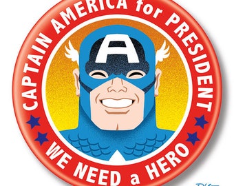 Captain America for President, 2.25" inch Button, Pin, Pinback, Badge