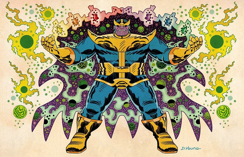 May include: A purple and green cosmic background with a large, powerful, purple-skinned, yellow-helmeted, blue-clad figure with a large, purple gem on his forehead. The figure is standing with arms outstretched, surrounded by swirling energy.