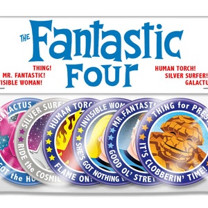 Fantastic Four 6 Button President Set,  2.25&quot; inch, Thing, Mr. Fantastic, Invisible Woman, Human Torch, Silver Surfer, Galactus Pin, Badge