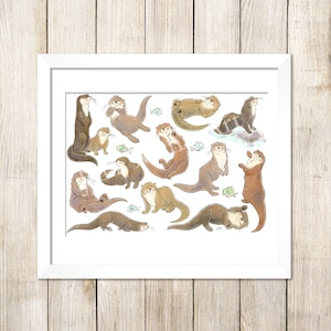 May include: Framed print showing illustrated otters in different poses. The otters are in shades of brown and tan, some holding small fish. The artwork is set against a white background, within a white frame.