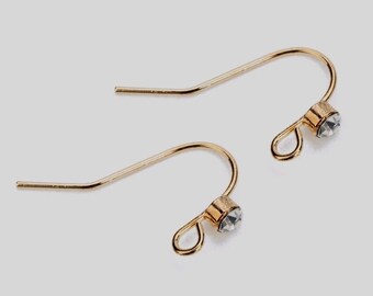 4 PCs Gold color Cubic zirconia Earring hooks,gold plated earring hook,golden ear hooks,rhinestone ear hook,brass ear hook,earring setting