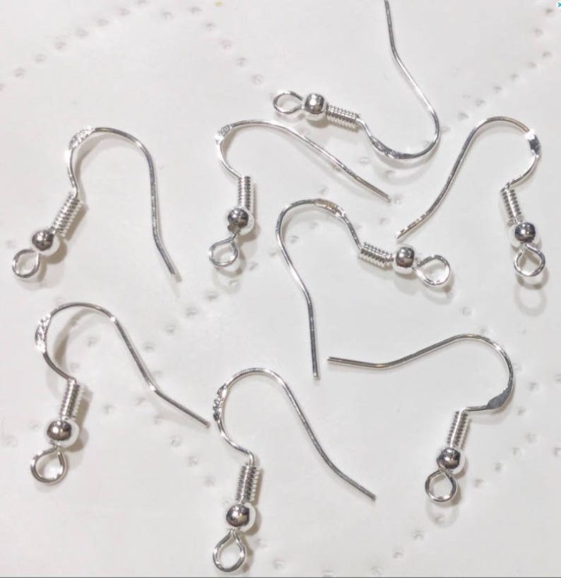 May include: Silver earring hooks with a small ball at the top and a spring closure. These are perfect for making your own earrings.