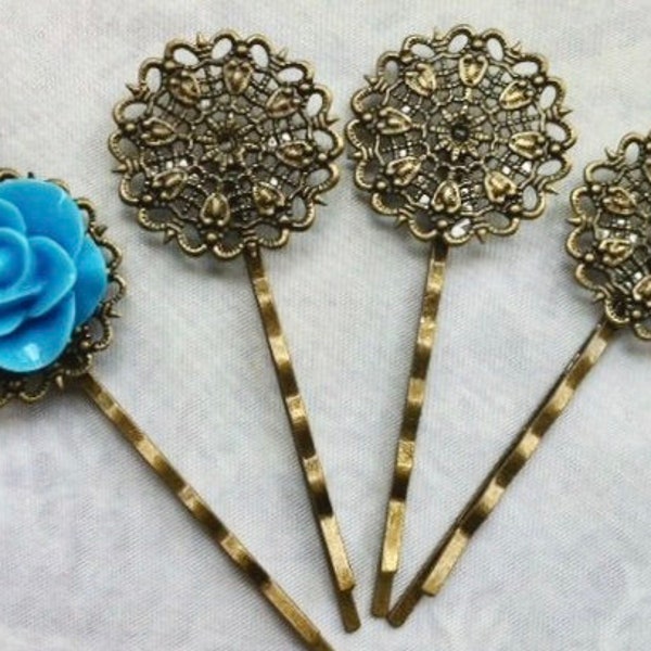 Ship from USA....10 pcs Filigree Bobby Pin Blanks,,,Antique Bronze Flower Hair Pins , Hair Clip , perfect for resin cabochon.