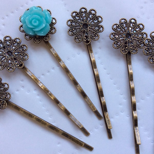10 pcs Filigree Bobby Pin Blanks,,,Antique Bronze Flower Hair Pins , Hair Clip , perfect for resin cabochon.