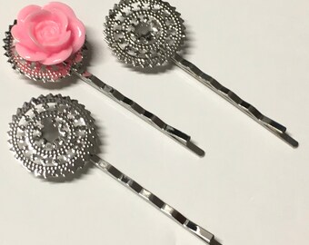10 pcs Filigree Bobby Pin Blanks,Platinum color,Flower Hair Pins , brass Hair Clip , mixed hair clip ,  perfect for resin cabochon, flower ,