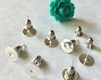 Wholesale...200 pcs Earring Post Blank with back,200 ear nuts , silver color ,6 mm glue pad, Great for resin cabochon flower,