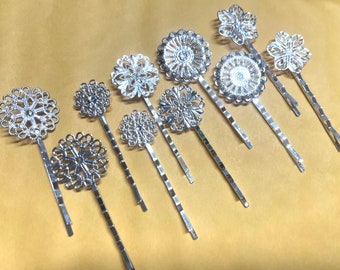 mixed 10 pcs Filigree Bobby Pin Blanks, Silver Flower Hair Pins,mixed brass Hair Clip,mixed hair clip,mixed hair slide,platinum hair pin