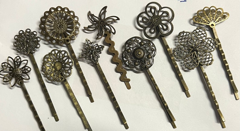 mixed 10 pcs Filigree Bobby Pin Blanks,Antique Bronze Flower Hair Pins,brass hair clip,Hair Clip,mixed hair slide,brass hair pin,hair pin zdjęcie 2