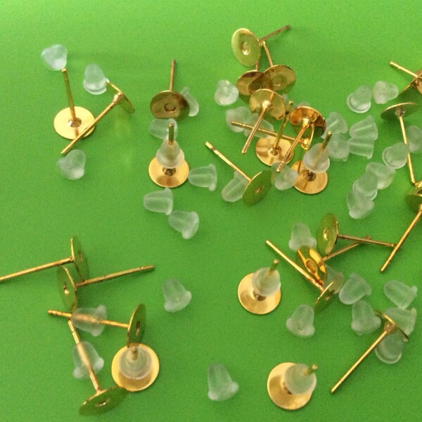 Nickel Free..100 sets 6 mm Golden Earring Post with rubber ear back,Golden Earring Blank,golden earring setting,golden earring post,ear nut