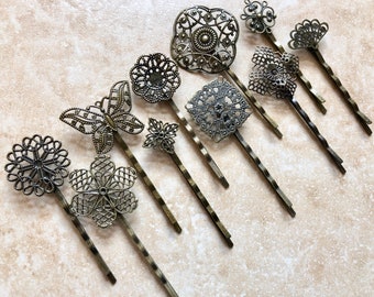 mezclado 10 piezas Filigrana Bobby Pin Blanks,,, Horquillas de pelo de flores de bronce antiguo, clip de pelo de latón, clip de pelo, perfecto para cabujón de resina.