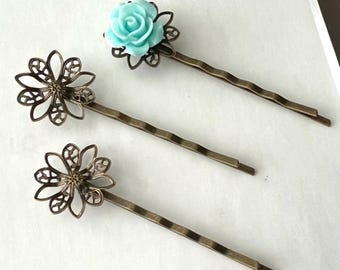 10 Antique Bronze Filigree Flower Bobby Pin Blanks, 59mm Hair Clip with 19mm Tray