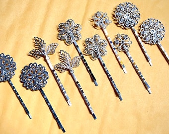 Mixed 10 pcs Filigree Bobby Pin Blanks, Silver, Flower Hair Pins , brass Hair Clip , mixed hair clip ,  perfect for resin cabochon, flower ,