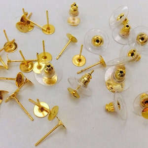 Nickel Free...50 sets 6 mm Golden Earring Post with back,Golden Earring Blank,golden earring setting,golden earring post,golden ear nut image 1