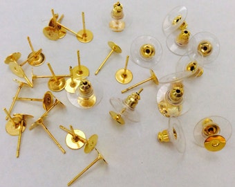 Nickel Free...50 sets 6 mm Golden  Earring Post with back,Golden Earring Blank,golden earring setting,golden earring post,golden ear nut