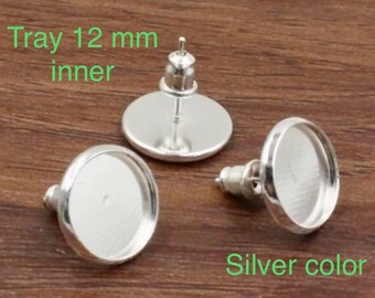 Nickel Free,,20 set Earring Blank with back,Silver plated earring component,12 mm inner earring pad,ear nut,silver ear studs,earring blank
