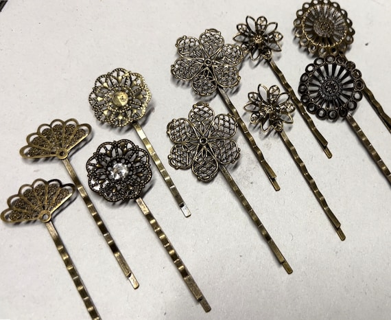 Mixed 10 Pcs Filigree Bobby Pin Blanks,antique Bronze Flower  display picture 1