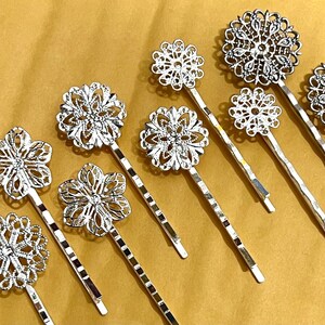 Mixed 10 pcs Filigree Bobby Pin Blanks,silver color and Platinum color, Flower Hair Pins , Hair Clip , perfect for resin cabochon.