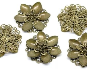 5 pcs 45 mm Filigree flowers,Antique Bronze,Wrap connector,Links,brass Charm,brass Connector,brass base setting, Great for cabochon flower