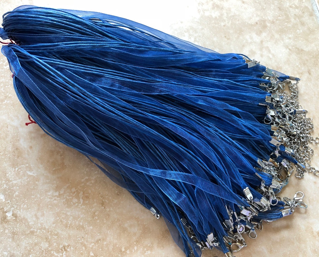 10 Pcs Dark Blue Organza Ribbon Waxed Cord Necklace,3 Cords 1 Ribbon