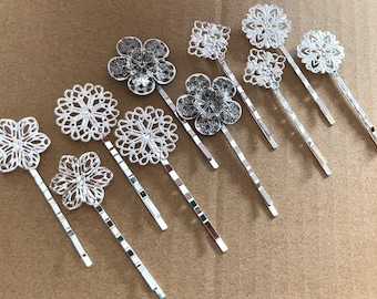 This listing for 10 pcs Hair Bobby Pin Blanks , Platinum and silver color  , Filigree Hair Pins